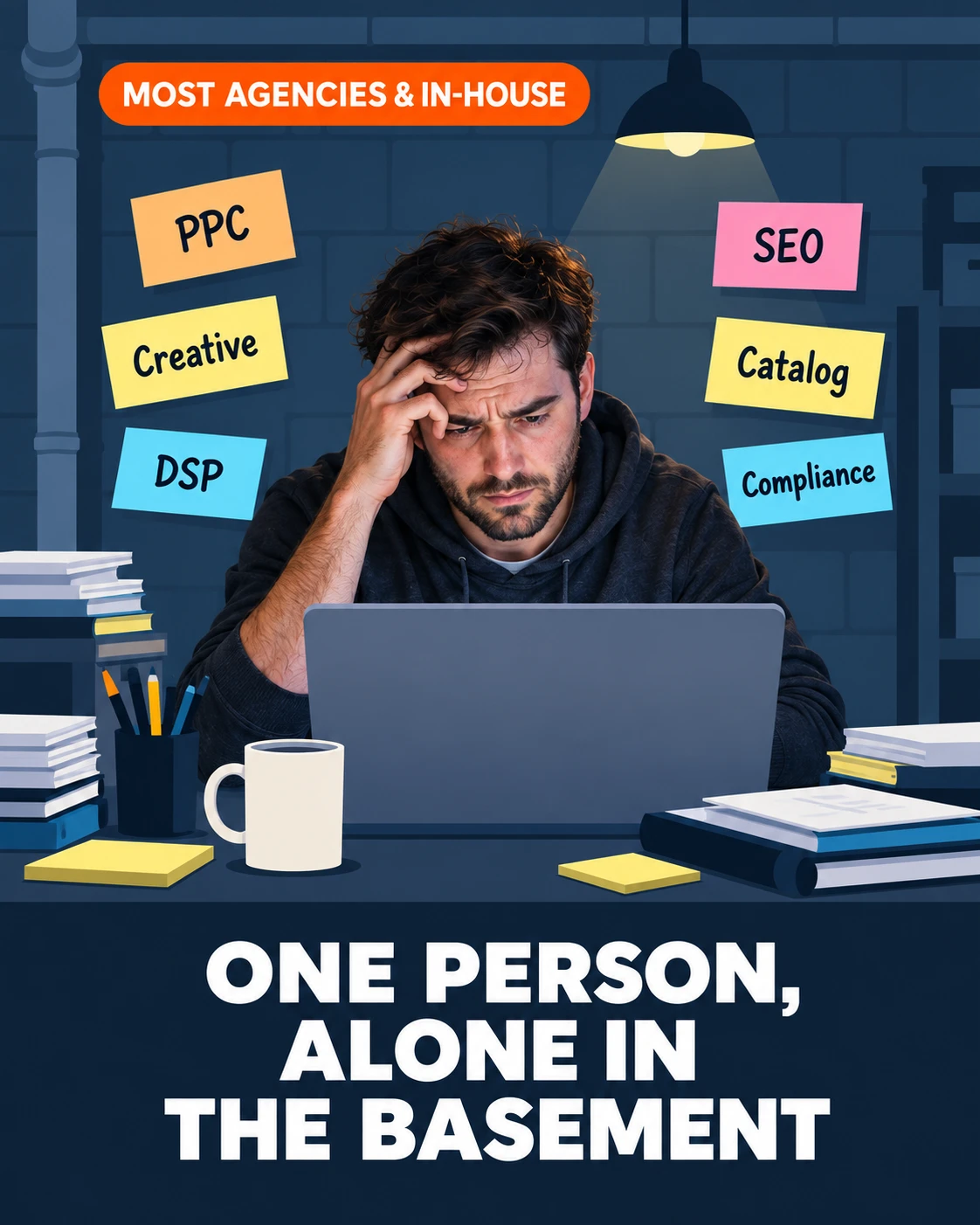 Most agencies and in-house: one stressed person alone in a basement juggling PPC, SEO, creative, catalog, DSP and compliance